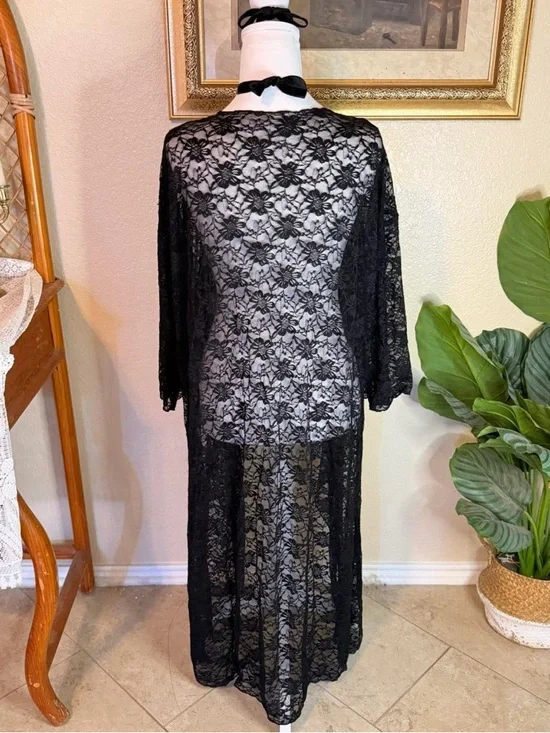 Vintage Inspired Black Lace Floor Length Kimono Duster - Picture 6 of 8